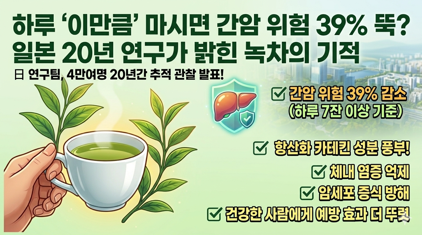 김이 모락모락 나는 깨끗한 녹차 찻잔 배경에 '하루 7잔의 기적', '간암 위험 39% DOWN'이라는 문구가 돋보이는 고화질 인포그래픽 이미지입니다. 상단에는 '일본 대학 연구팀 20년 추적 발표'라는 공신력 있는 자막이 포함되어 있습니다.