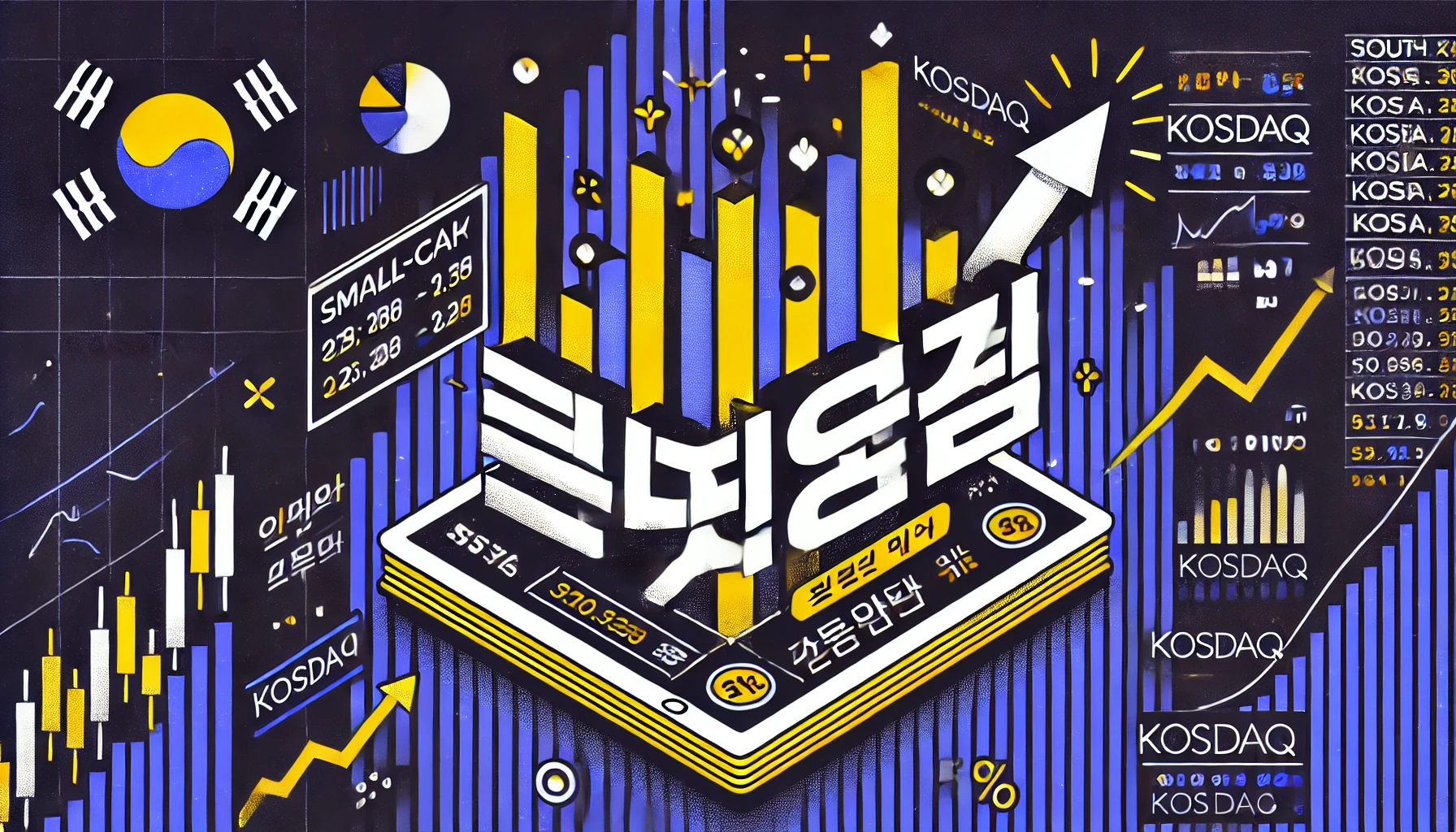 코스닥 소형주의 비밀을 주제로 한 썸네일 이미지. 어두운 배경 위로 노란색과 흰색 텍스트가 강조되며, 상승하는 주식 그래프와 화살표가 작은 종목들의 성장 가능성을 상징적으로 표현한다