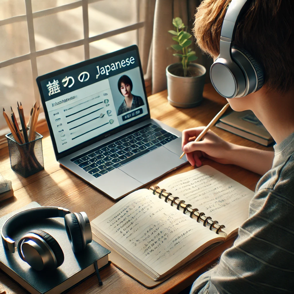 노트북과 헤드폰으로 청해 연습 중인 학생