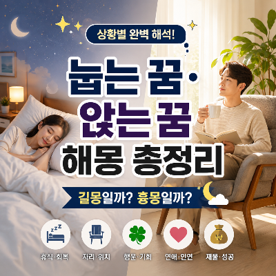 밤과 낮을 배경으로 침대에서 편안하게 잠든 여성과 의자에 앉아 차를 마시는 남성을 함께 표현한 썸네일. 중앙에는 '눕는 꿈&middot;앉는 꿈 해몽 총정리'와 '길몽일까? 흉몽일까?'라는 문구가 크게 배치되어 있으며, 휴식&middot;회복, 자리&middot;위치, 행운&middot;기회, 연애&middot;인연, 재물&middot;성공을 상징하는 아이콘이 함께 표시되어 있다.