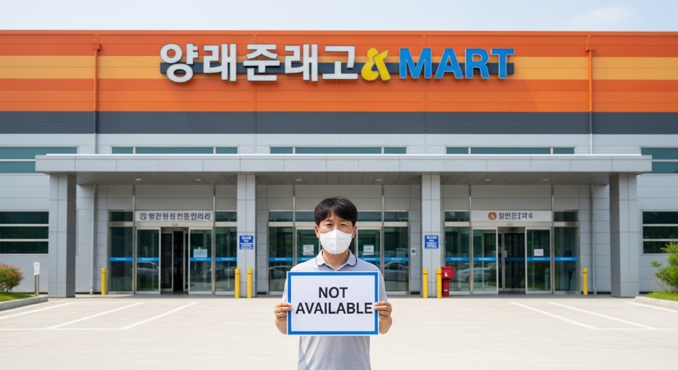 대형마트 입구 앞에서 ‘사용불가’ 팻말 들고 선 남성