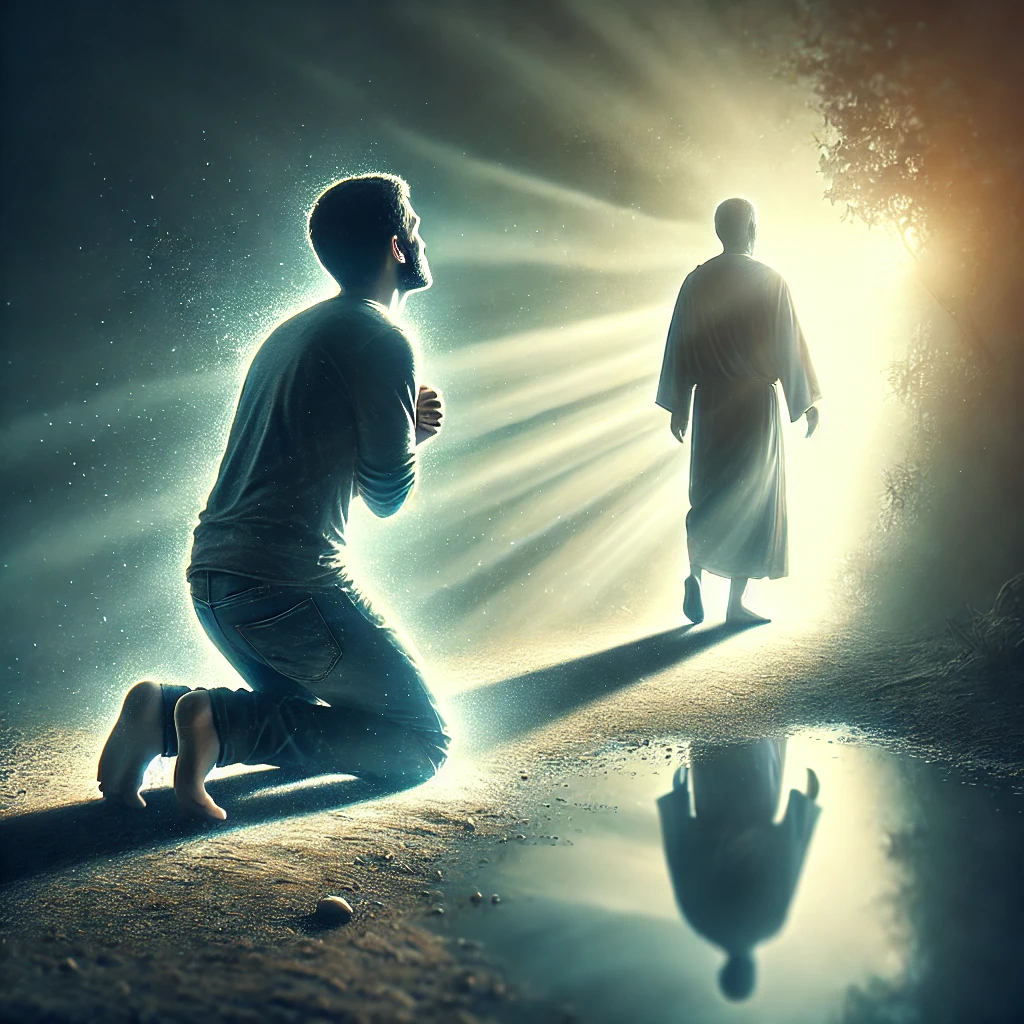Here is the image representing a moment of spiritual transformation, showing a person turning away from past mistakes and stepping toward the light of God's guidance and grace. It reflects the progress in a godly life, filled with repentance and growth.
