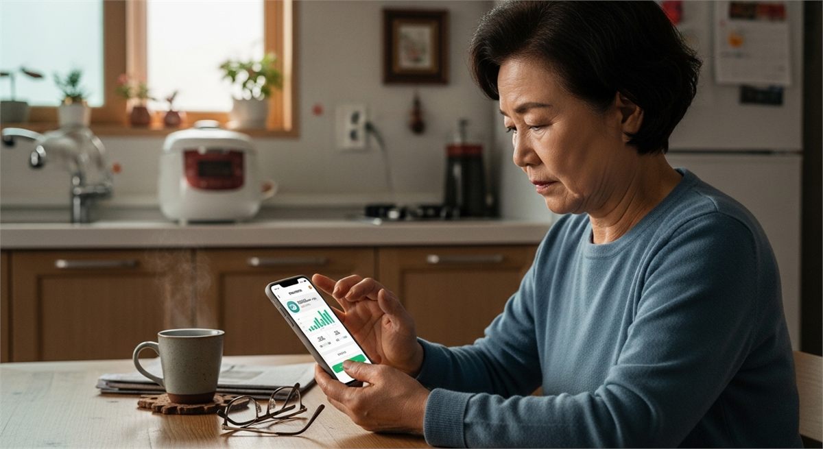 한국 시니어 여성이 스마트폰으로 연금 정보를 확인하는 모습 