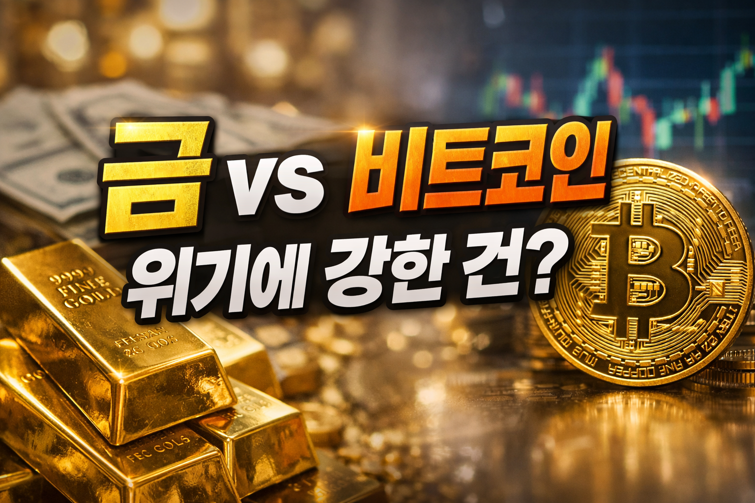 금괴와 비트코인 코인을 배경으로 &lsquo;금 vs 비트코인, 위기에 강한 건?&rsquo; 문구가 들어간 안전자산 비교 이미지