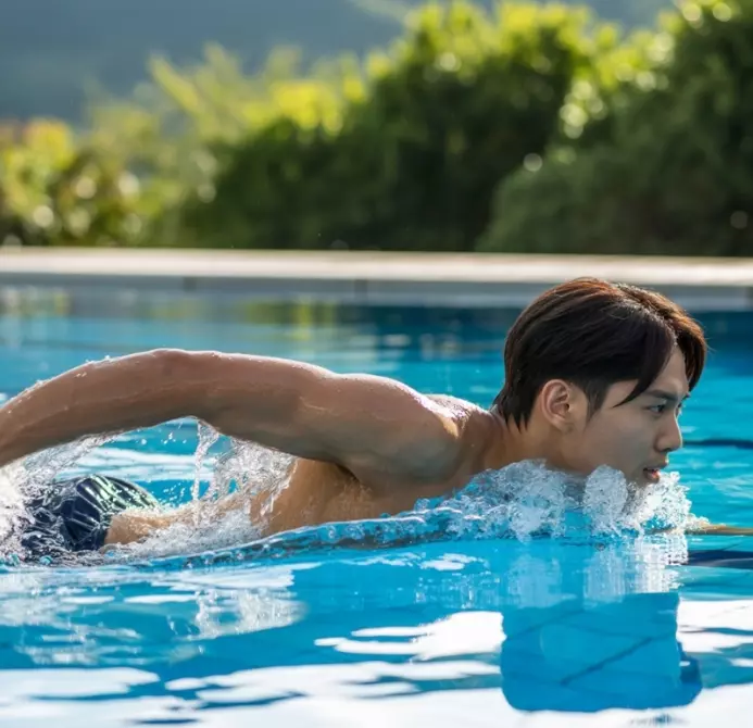 야외 수영장에서 수영중인 사람