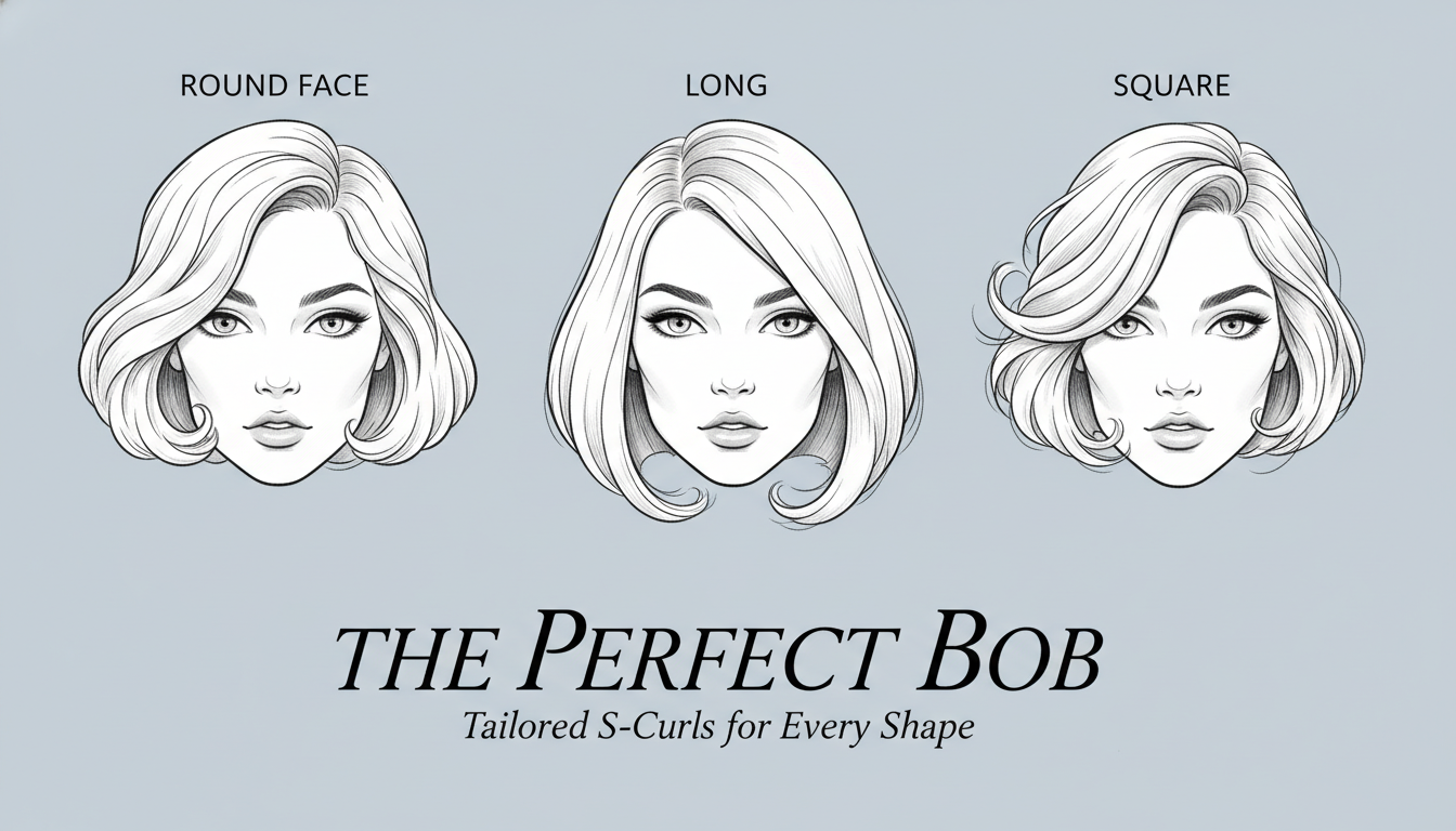 둥근 얼굴형, 긴 얼굴형, 각진 얼굴형에 맞춘 S컬 단발 스타일링 일러스트