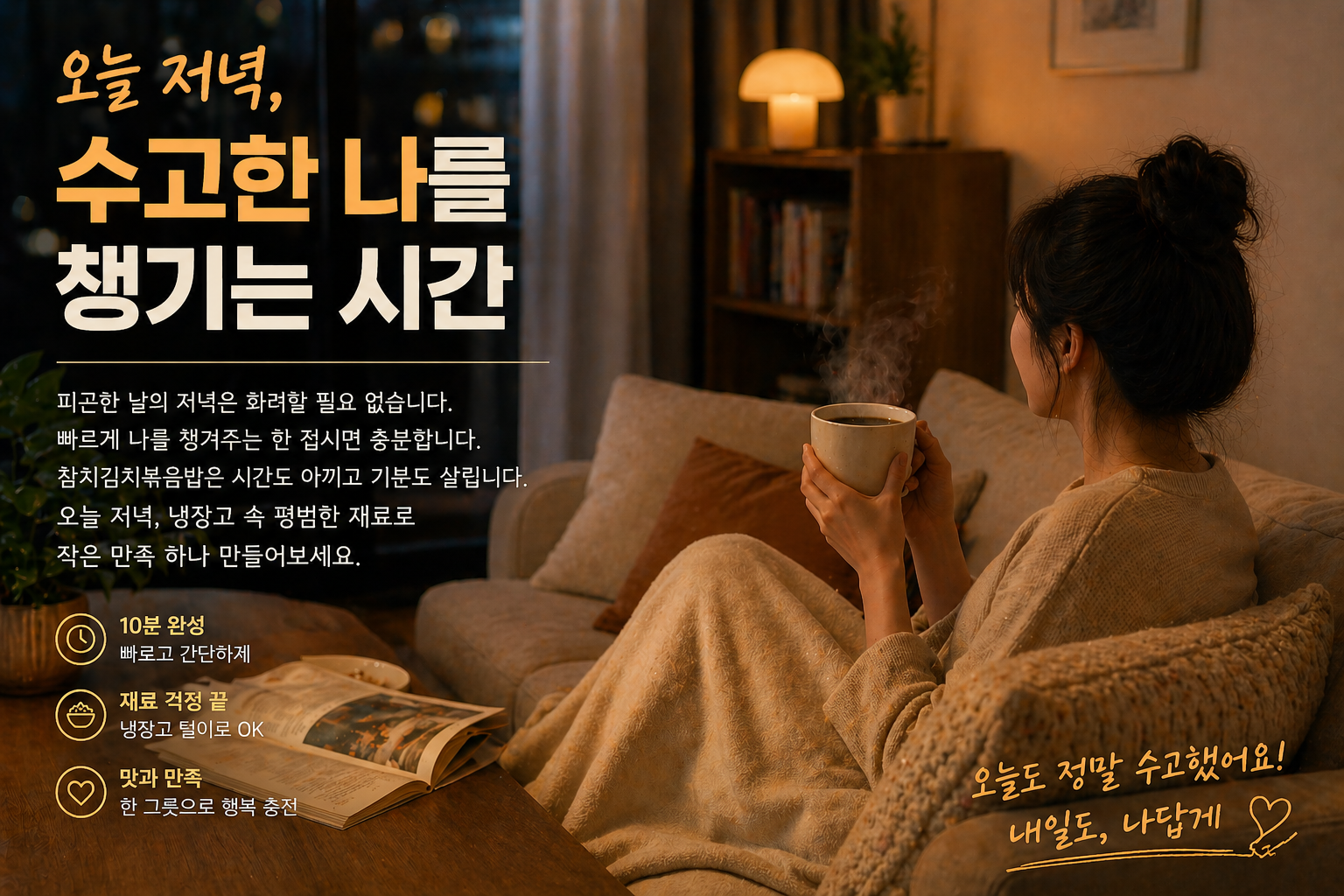 저녁 식사 후 소파에 앉아 따뜻한 커피를 마시며 휴식하는 편안한 거실 모습