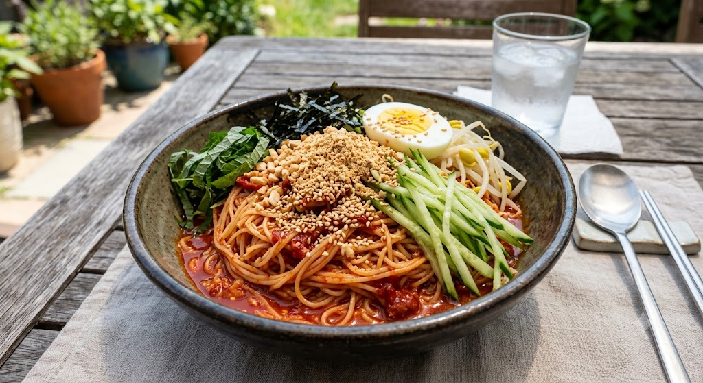 햇살이 드는 야외 나무 테이블 위, 천 매트 위에 올려진 큰 도자기 그릇에 담긴 매콤한 비빔국수. 붉은 양념에 비벼진 면 위로 채 썬 오이와 깻잎, 아삭한 콩나물, 잘게 자른 김가루가 둘러져 있고, 가운데에는 다진 땅콩과 참깨가 듬뿍 뿌려져 있다. 그 옆에 깨가 뿌려진 삶은 계란 반 쪽이 놓여 있으며, 오른편에는 숟가락과 젓가락, 얼음물이 담긴 유리잔이 함께 차려져 있다.