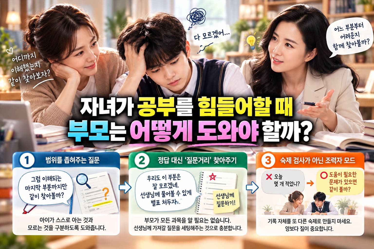 정답을 대신 알려주거나 완벽한 설명을 요구하기보다, "어디까지 이해했는지 같이 찾아보자"며 질문의 범위를 좁혀주는 심리적 조력자가 되어야 합니다.