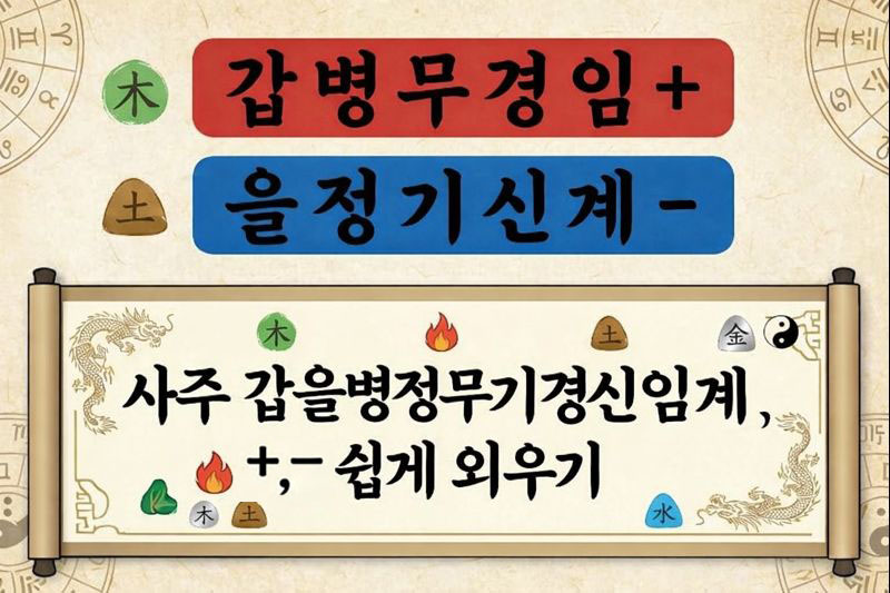 천간 음양(+,-) 외우기: 갑병무경임(+) / 을정기신계(-)로 끝내기