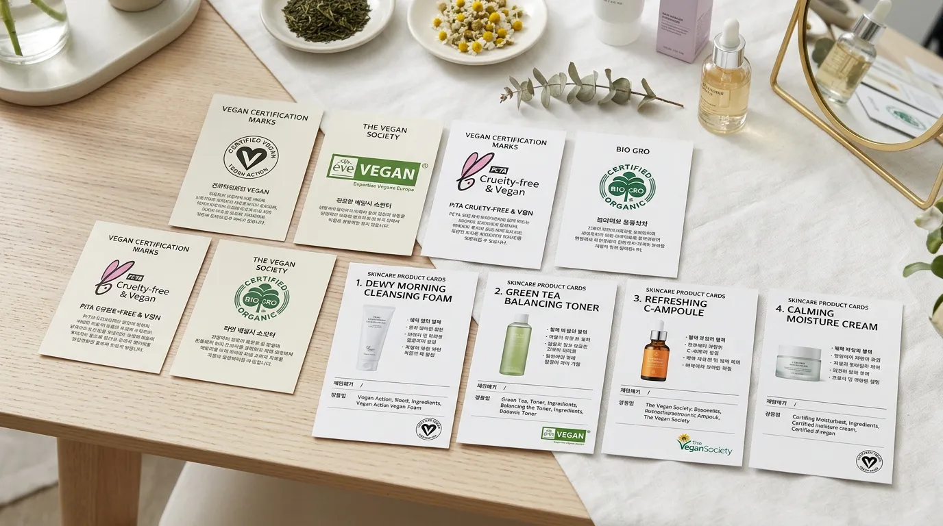 비건 인증 마크와 브랜드 카드가 놓인 장면