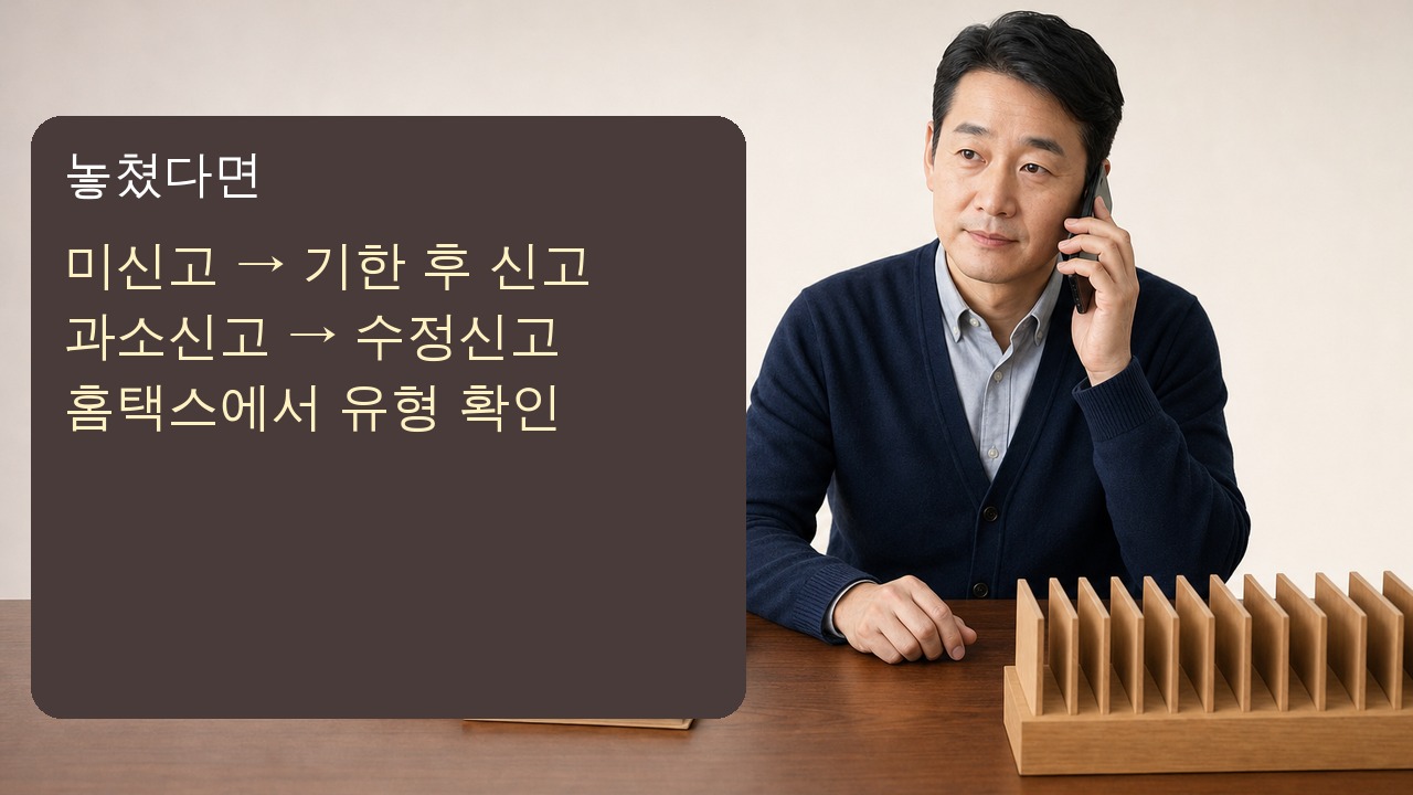 해외금융계좌 누락 여부를 확인하고 기한 후 신고와 수정신고 중 맞는 절차를 고르는 장면