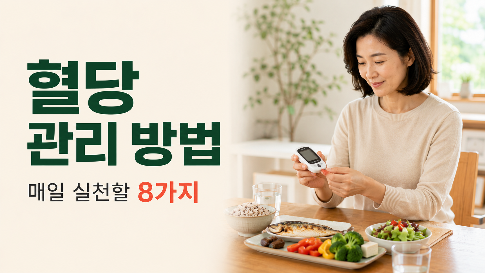 가정에서 혈당을 확인하며 식사와 생활습관을 관리하는 한국인 여성
