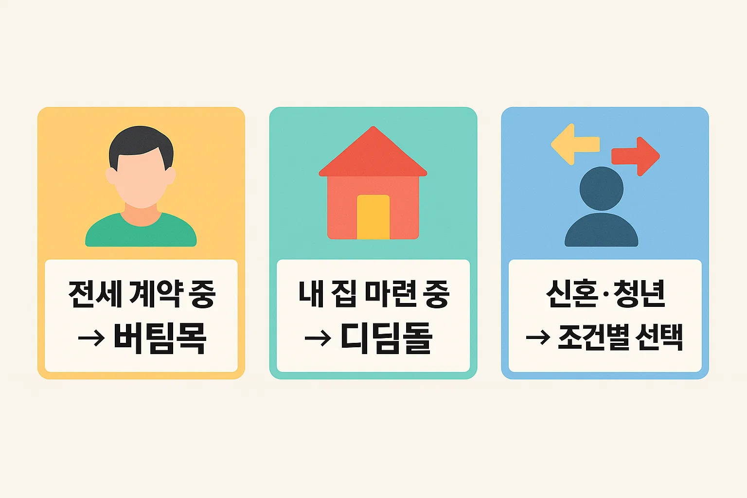 전세 계약 중인 경우, 내 집 마련 단계, 신혼&middot;청년층 등 상황별로 어떤 대출이 적합한지 조건별 선택 기준을 안내하는 인포그래픽.