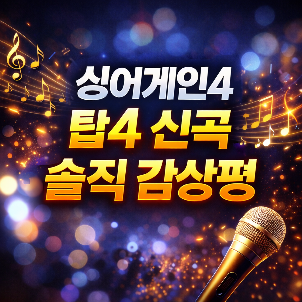 싱어게인4 탑4 참가자들의 신곡을 솔직하게 감상한 리뷰 썸네일 이미지로, 무대 조명 배경과 마이크, 음표 디자인 위에 &lsquo;싱어게인4 탑4 신곡 솔직 감상평&rsquo; 문구가 중앙에 배치된 정사각형 이미지