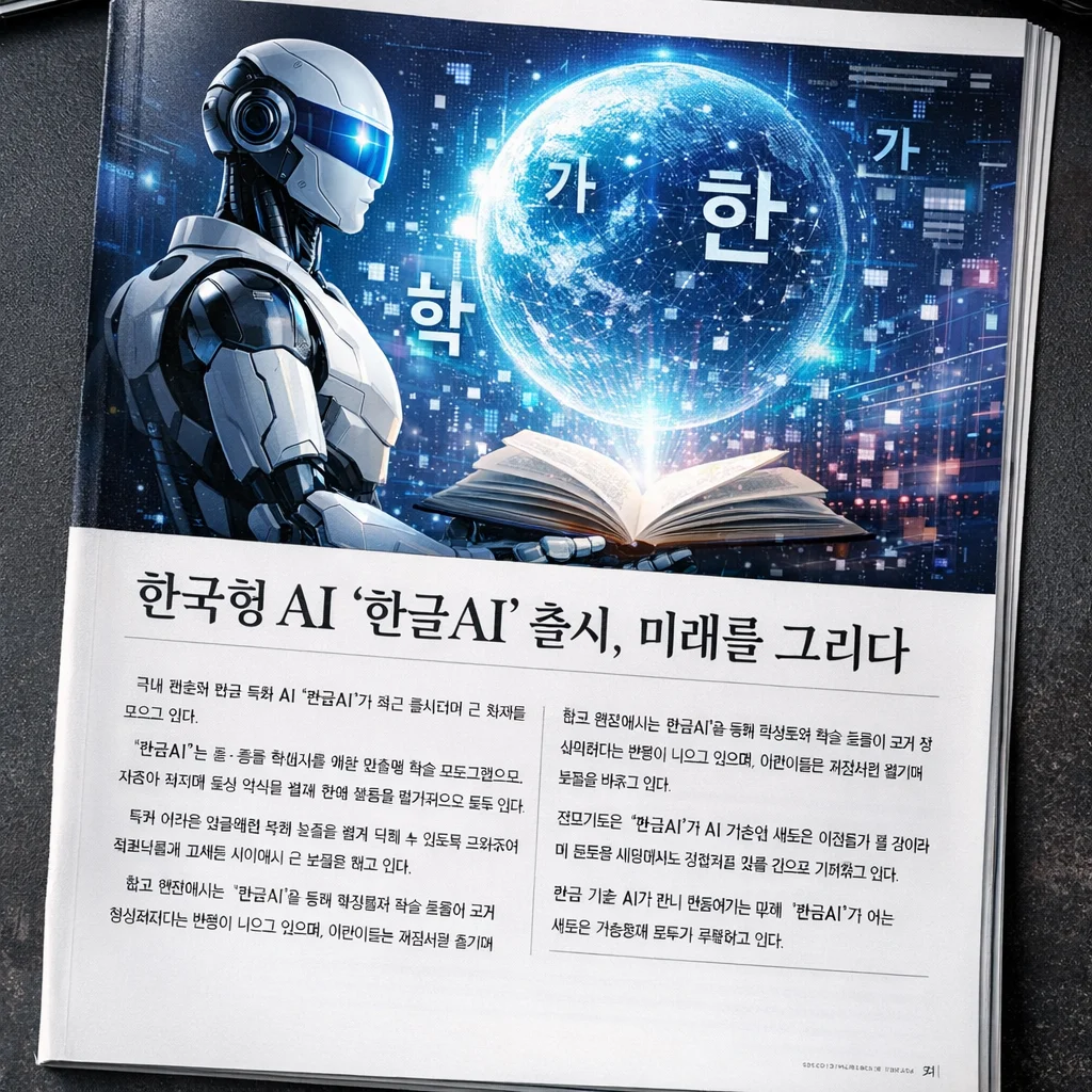 [나노바나나 이미지 생성] 무료 프롬프트 사례, AI 기반 한글 학습 기술, 기술 잡지 사진