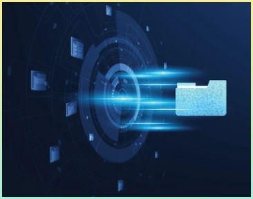 클라우드 기술을 통한 문서 관리 및 데이터 전송. 진한 파란색 배경에서 현대 인터넷 기술과 데이터를 교환합니다. 파일 데이터 시스템 재배치 개념