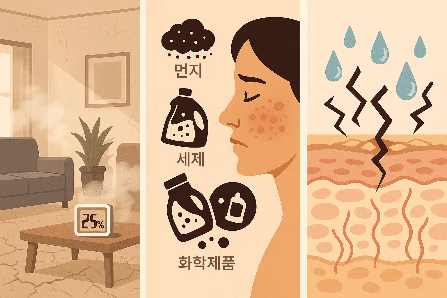건조한 실내 환경, 먼지&middot;세제&middot;화학제품 아이콘이 피부에 자극을 주는 이미지, 민감해진 피부 장벽이 깨진 구조를 보여주는 그래픽
