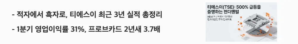 티에스이 주가전망: '적자에서 흑자로, 티에스이 최근 3년 실적 총정리'라는 문구가 포함된 웹배너 이미지. 이 이미지는 티에스이의 최근 3년 매출&middot;영업이익 추이와 1분기 영업이익률, 프로브카드 매출 성장 폭을 시각적으로 전달하며, 블로그의 티에스이 주가 전망 주제와 관련된 내용을 설명함