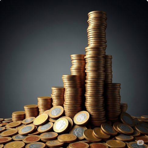 동전들이 작은 언덕을 이루고 그 위로 점점 더 많은 동전들이 쌓여 큰 산을 이루는 모습. 이는 복리 효과를 시각적 이미지 표현