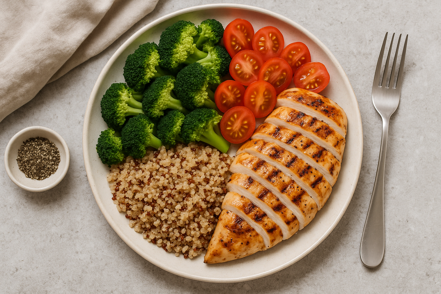 닭가슴살, 퀴노아, 브로콜리, 토마토로 구성한 고단백 균형 식사 접시