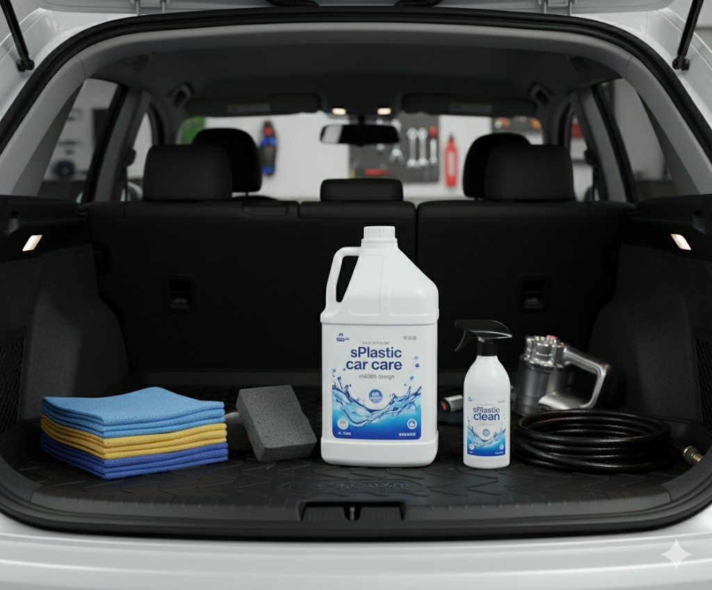자동차 트렁크에 깔끔하게 정리된 m4000 대용량 용기와 sp500 스프레이, 세차 타월. 세차용품 소분 용기 대량구매 문의
