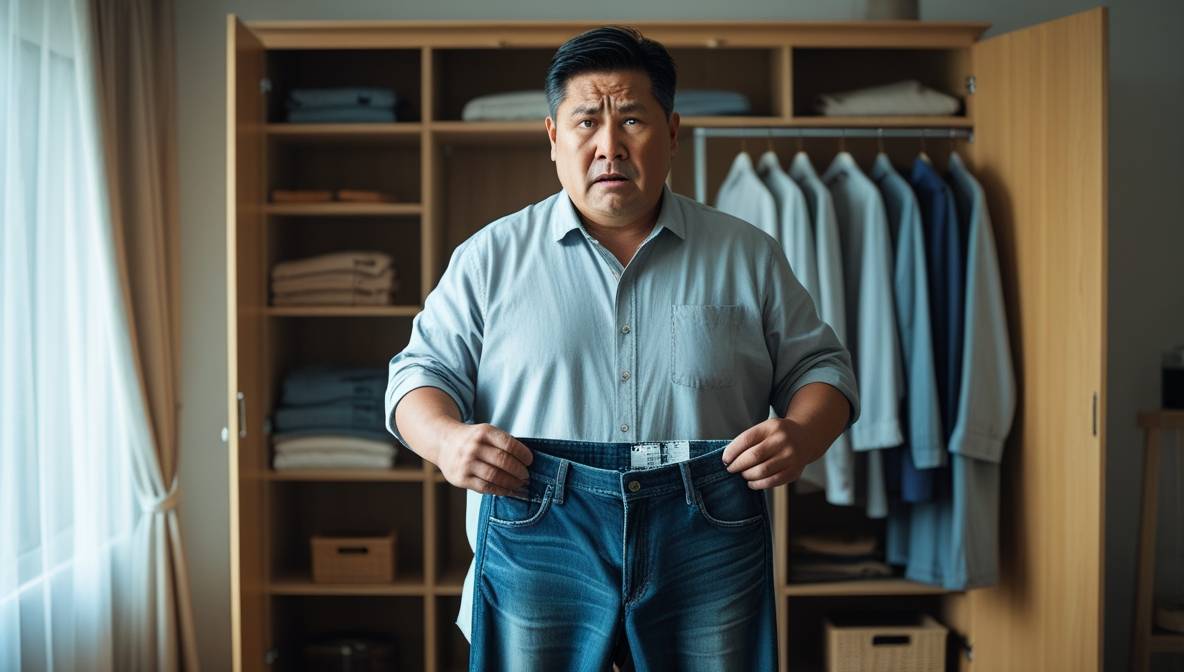 50대 남성 또는 여성이 옷장 앞에서 예전 바지를 들고 허리에 대보며 착잡한 표정을 짓는 모습. 공감대를 형성하는 현실적인 장면