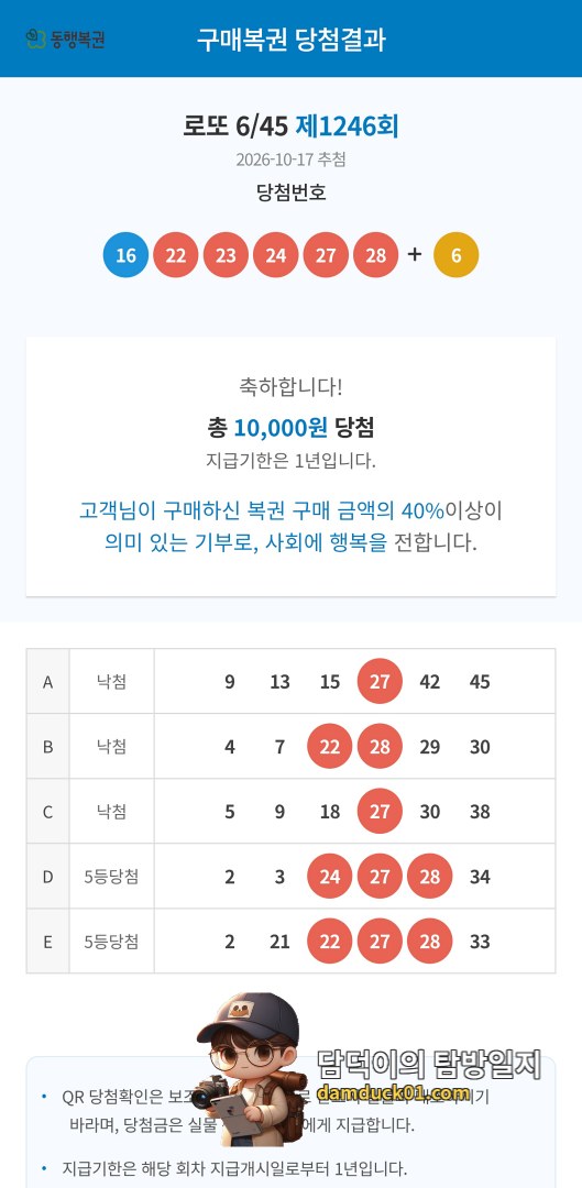 로또 6/45 제1246회 결과