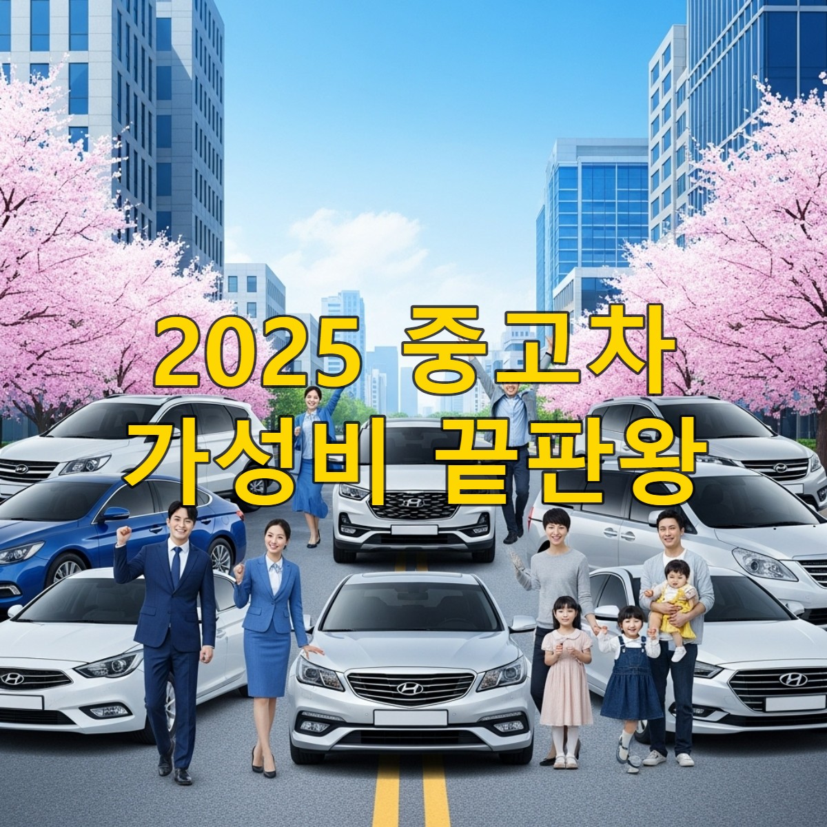 2025년 다양한 연령대의 한국인들이 예산에 맞춰 중고차를 현명하게 선택하고 만족하는 모습