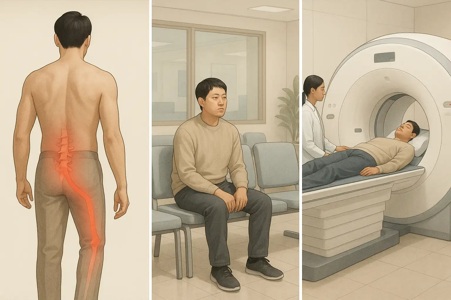허리 통증 부위가 다리까지 내려가는 일러스트, 병원 진료를 기다리는 환자, MRI 촬영 장면