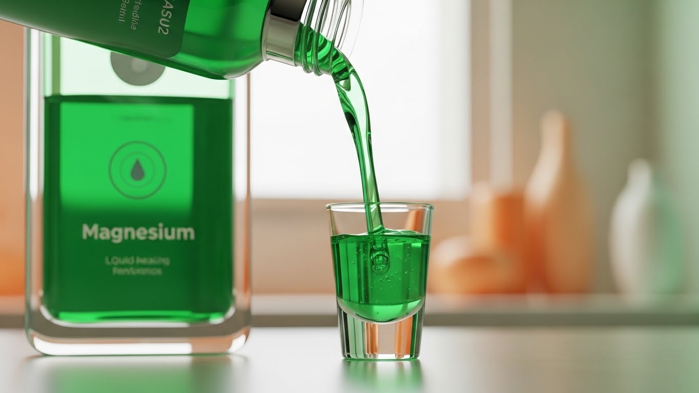 건강 묘약과 유사한 빛나는 에메랄드 그린 액체가 담긴 세련되고 현대적인 유리병 또는 주머니의 생동감 넘치는 눈높이 샷입니다.