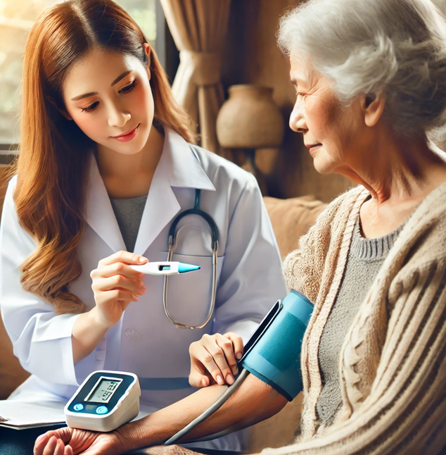 노인의 혈압을 측정하며 상태를 관찰하는 모습