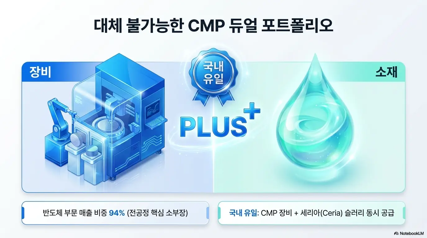 케이씨텍 주가 전망: 케이씨텍이 반도체 CMP 공정의 장비와 연마 소재인 세리아 슬러리를 동시에 공급하는 국내 유일 기업임을 표현한 인포그래픽. 반도체 부문 매출 비중 94퍼센트의 전공정 핵심 소부장으로서&amp;#44; 장비와 소재를 함께 갖춘 대체 불가능한 듀얼 포트폴리오 경쟁력을 시각적으로 설명함. 