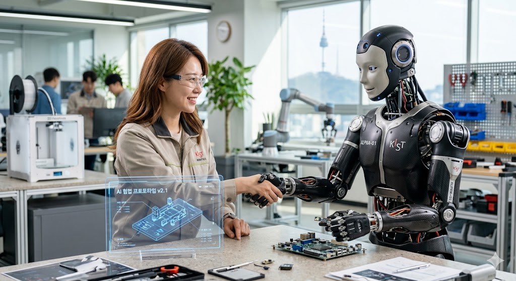 인간과 로봇이 서로 악수를 하거나 협력하여 일하는 이미지