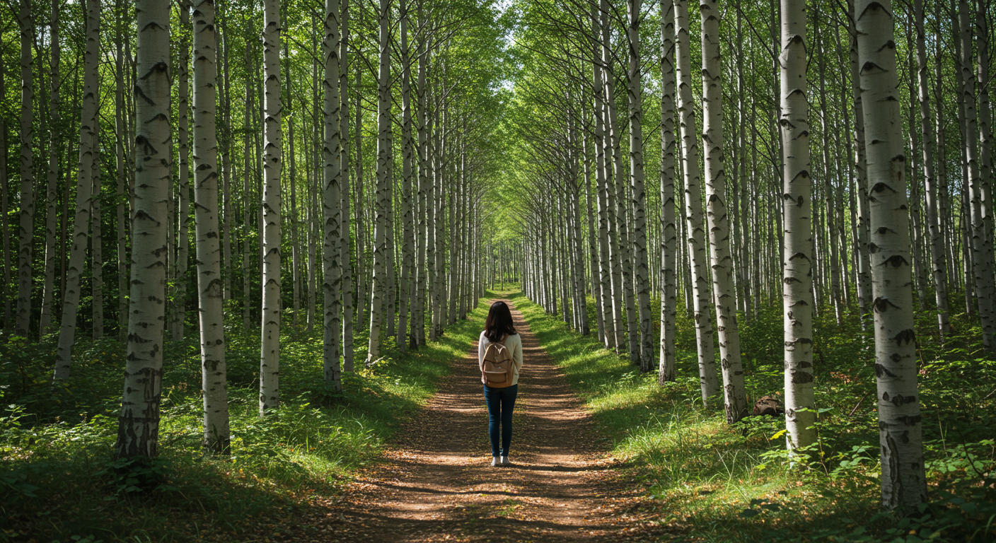 인제 원대리 자작나무숲 고요한 숲길을 걷는 한국인 여성.