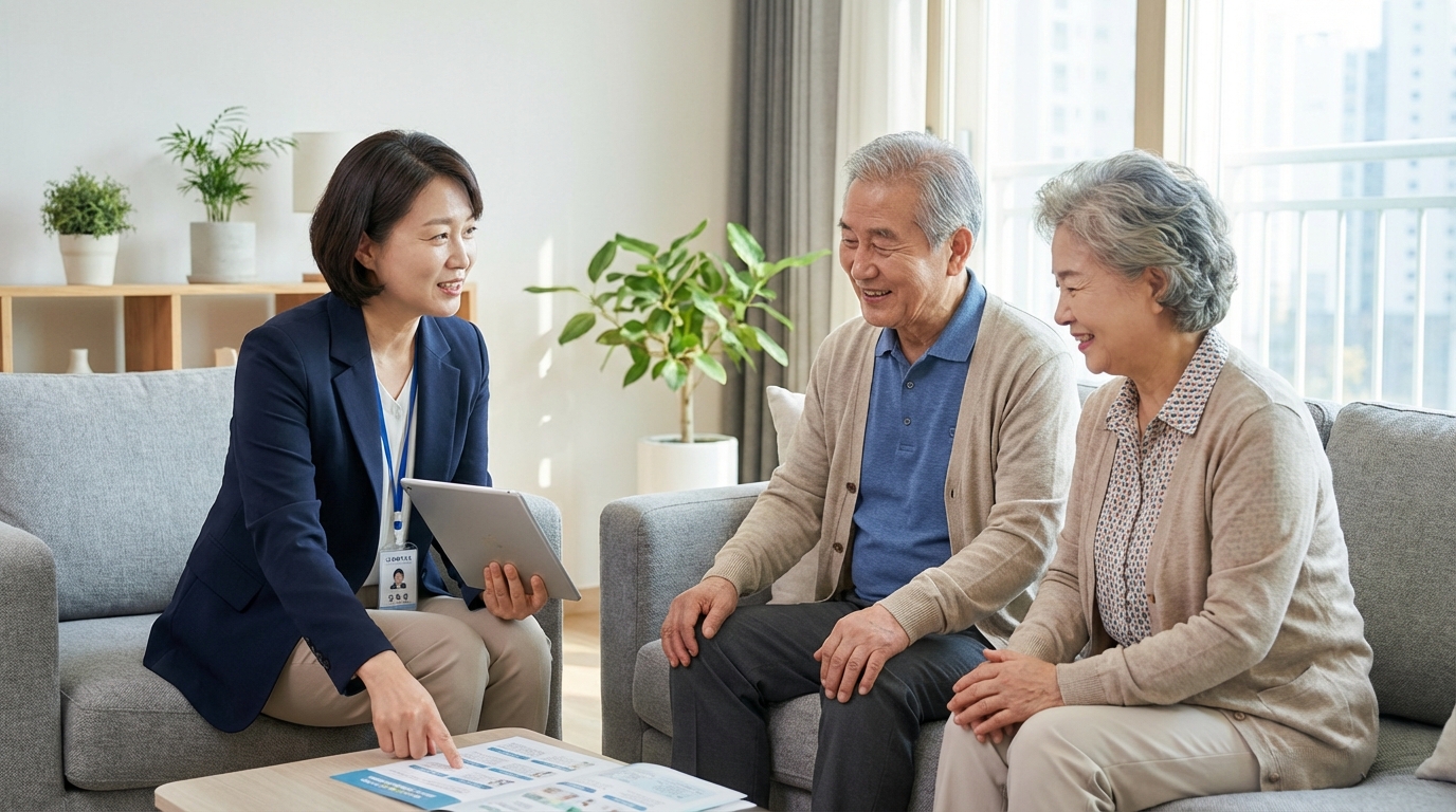 2026년 초고령사회에서 어르신 가정을 방문하여 상담을 진행하는 전문 사회복지사의 모습