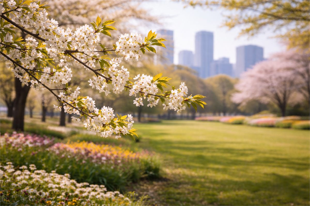 서울숲 잔디와 도시 배경 앞에 핀 봄꽃 가지 장면 