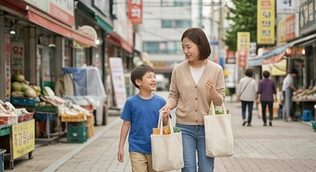 함께 장바구니를 나눠 드는 엄마와 아들의 모습