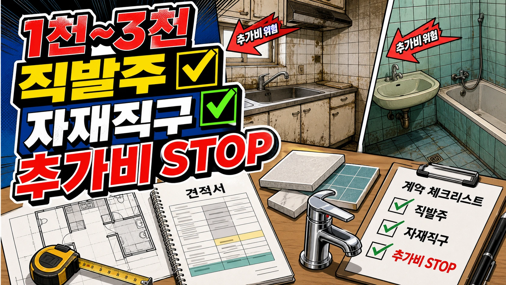 낡은 구축 아파트 주방과 욕실 앞에서 견적서, 타일 샘플, 계약 체크리스트로 반셀프 리모델링 직발주와 추가비 방지법을 보여주는 썸네일