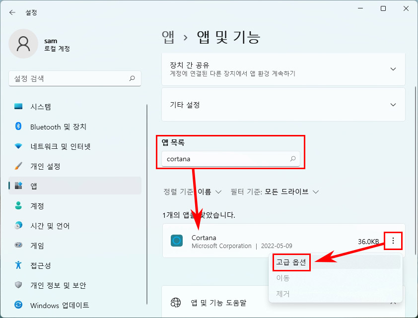 윈도우11 cortana 앱 설정