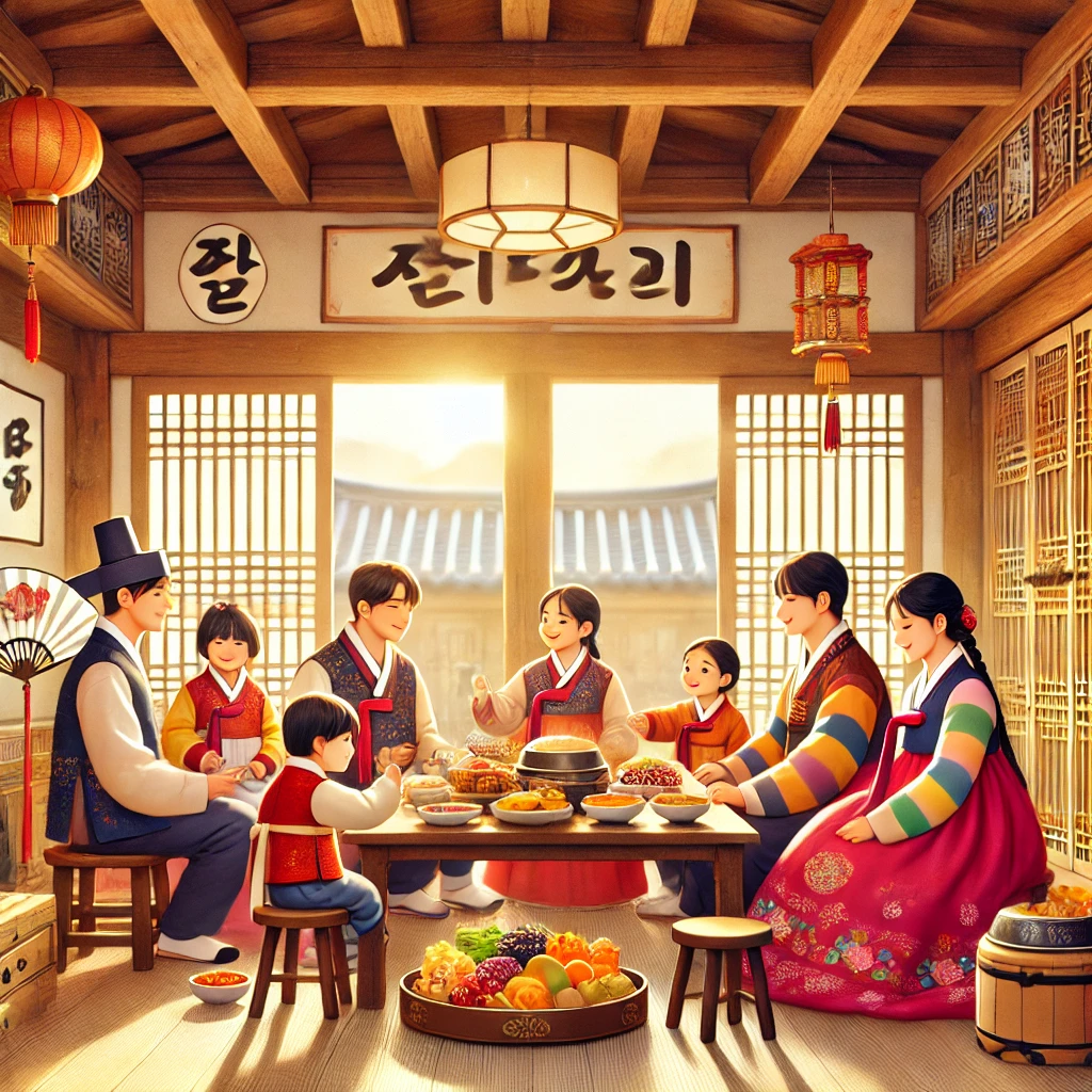 설날 온 가족이 모여 앉아 따뜻한 분위기