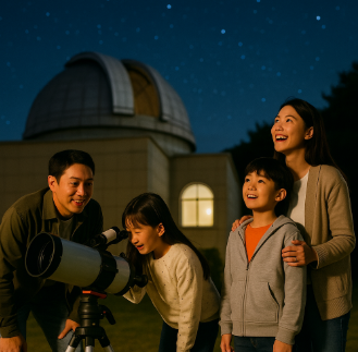 천문대에서 망원경으로 별을 관측하고 있는 딸과 그 가족들 모습