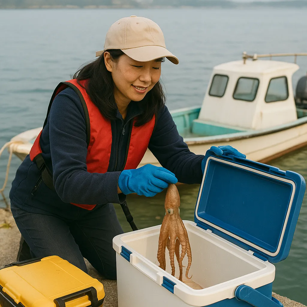 항구에서 쿨러에 문어를 담는 여성 낚시인