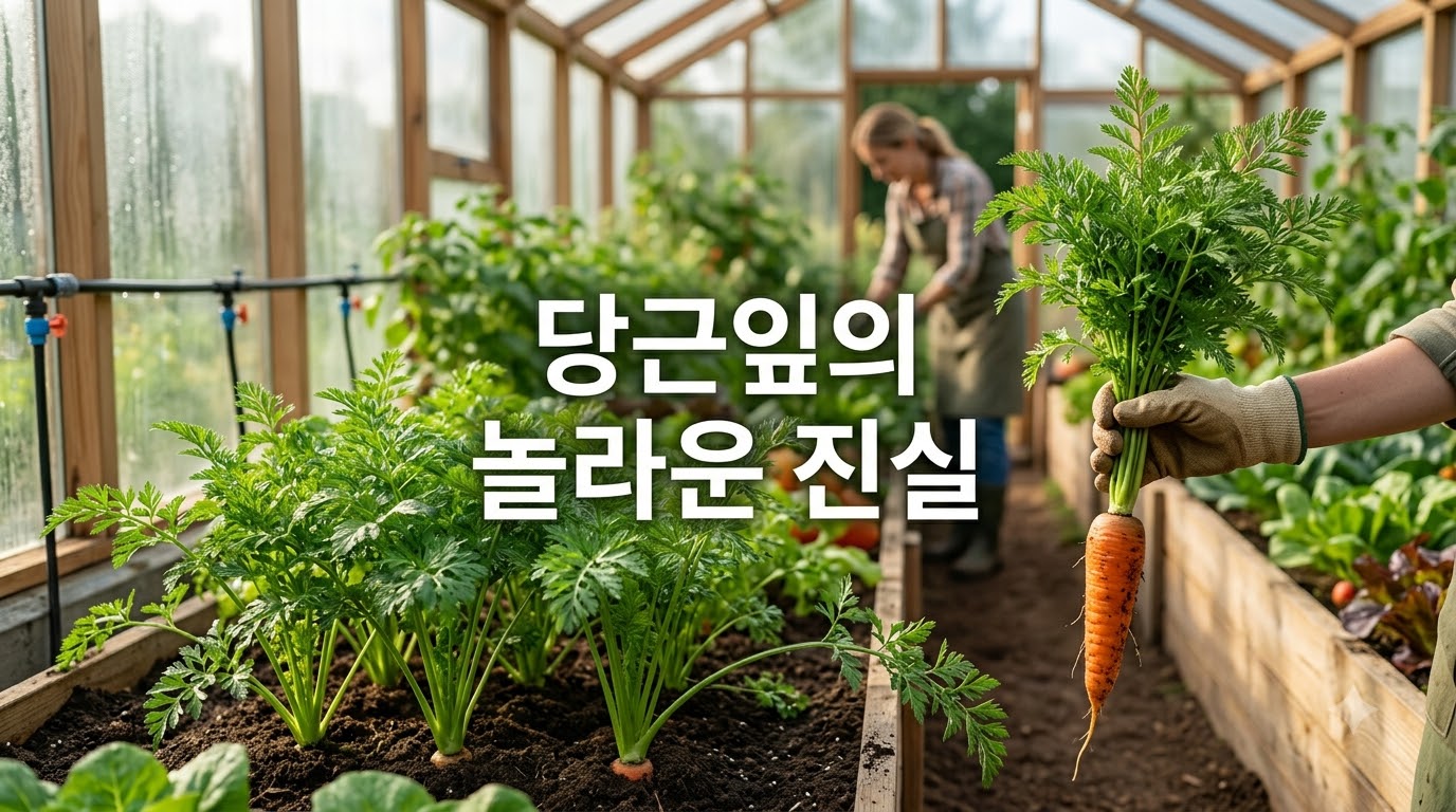 싱그러운 밭에서 수확한 싱싱한 당근 뿌리와 풍성하게 자란 당근잎을 함께 들어 올린 농부의 모습