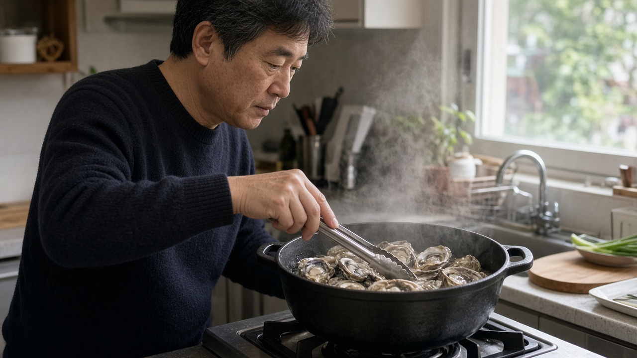 냄비에 굴을 충분히 익히는 50대 한국인 남성