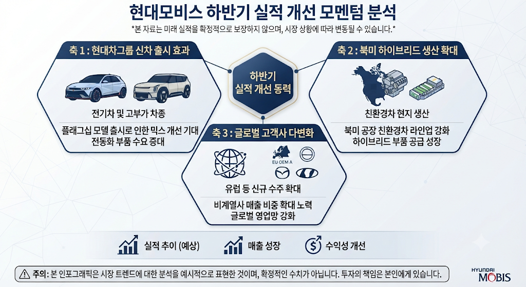 현대모비스 하반기 실적 개선의 세 가지 변수인 신차&middot;하이브리드&middot;글로벌 수주를 보여주는 이미지