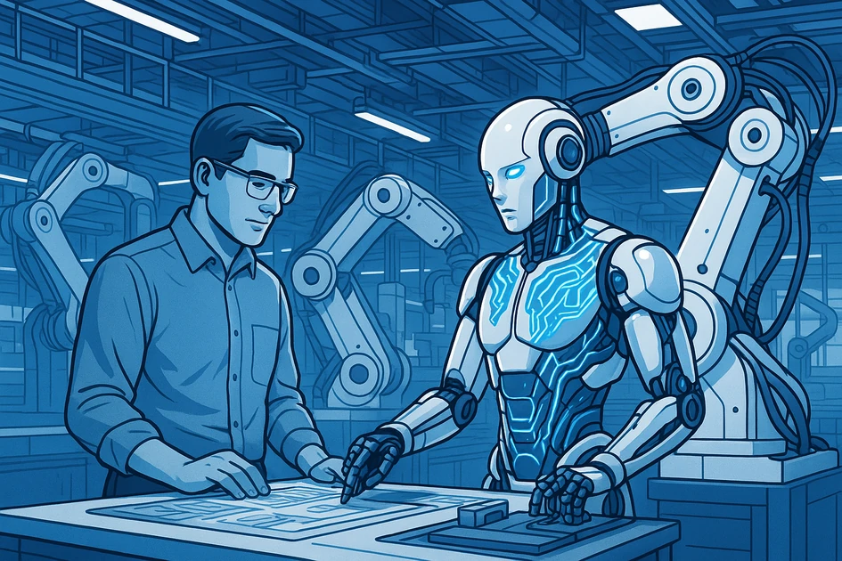 AI 로봇과 인간이 협업하는 미래 스마트 팩토리 첨단 제조 현장 이미지