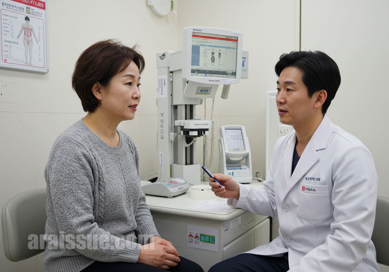 50대 한국 여성이 병원에서 골밀도 검사를 받고 의사와 대화하는 모습입니다. 주변은 현대적인 의료 환경으로, 검사를 설명하는 의사의 모습도 보입니다.