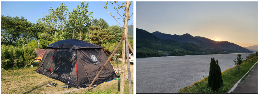 하동 평사리 야영장 텐트와 해질녘