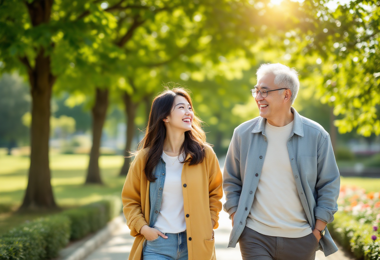 치매 예방과 뇌 건강을 상징하는 공원을 산책하는 젊은 여성과 중년 남성 이미지